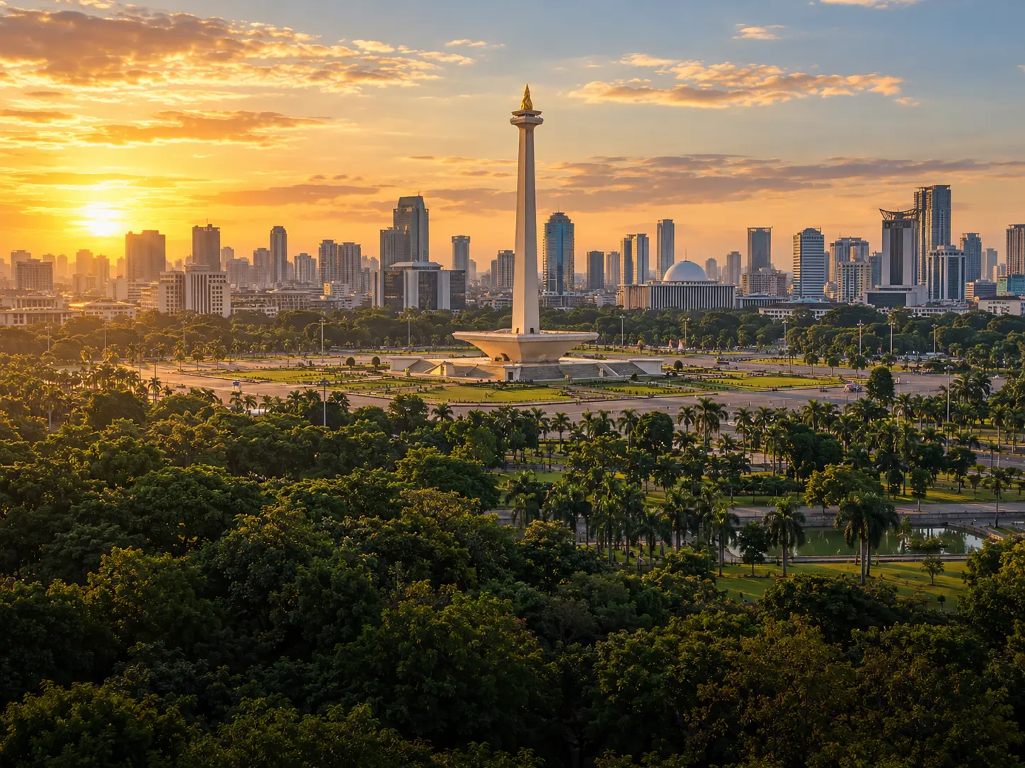 Ilustrasi Monumen Nasional dan lanskap Jakarta