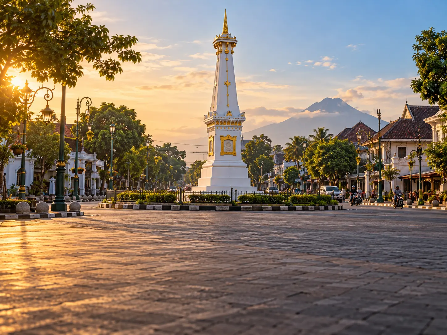 Ilustrasi Tugu Yogyakarta dan suasana Kota Yogyakarta